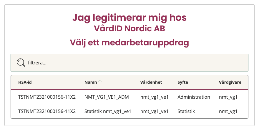 Ineras ruta Välj ett medarbetaruppdrag med ett filterfält och en tabell med kolumnerna HSA-id, Namn, Vårdenhet, Syfte och Vårdgivare, här med två uppdrag för en testidentitet.