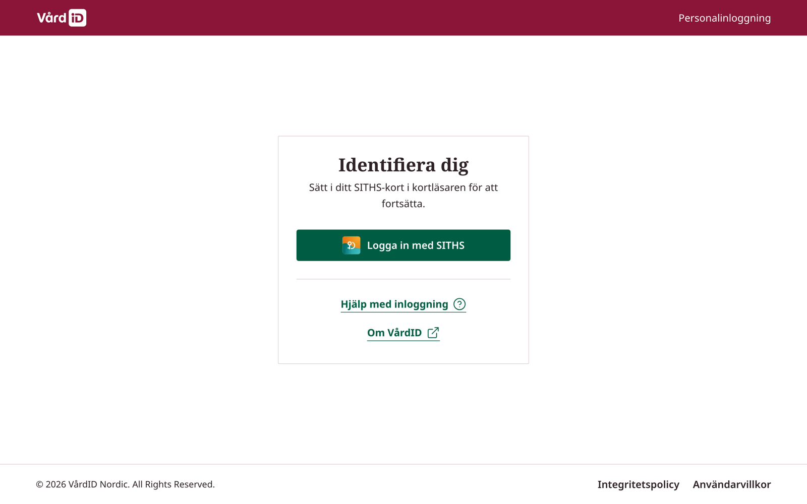 Portalens inloggningssida med rubriken Identifiera dig och den gröna knappen Logga in med SITHS.